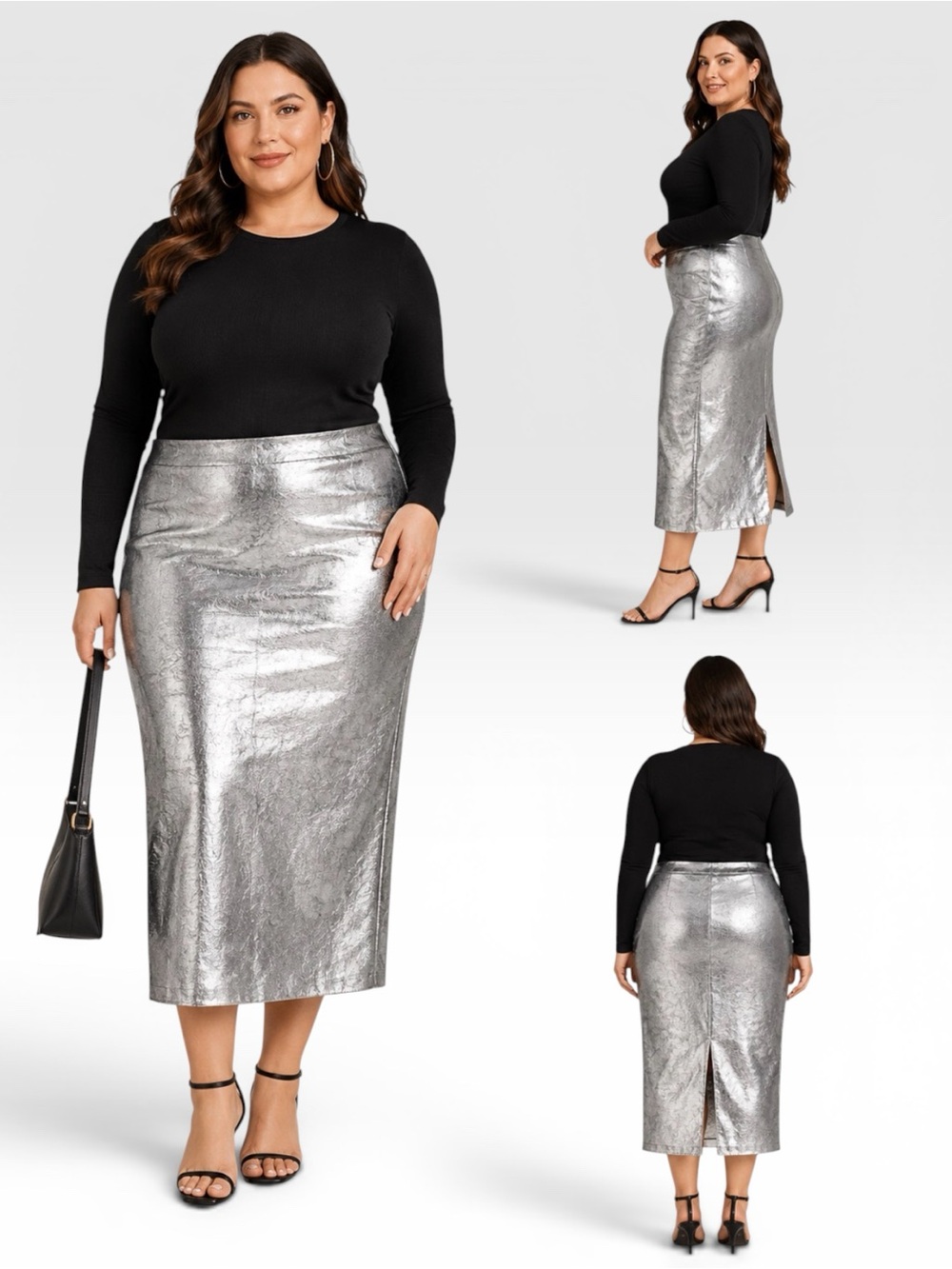 ZARA Metallic Silver Midi Pencil Skirt | High Waist | XL | NWOT